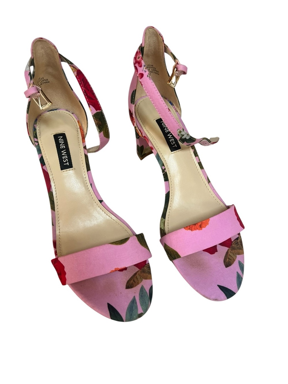 Nine West Pink Floral Ankle-Strap Block Heel Sandals